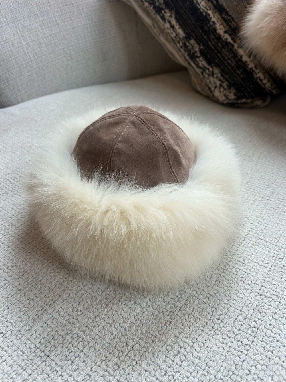 Taupe Suede-Style Hat with Cream Faux Fur Trim